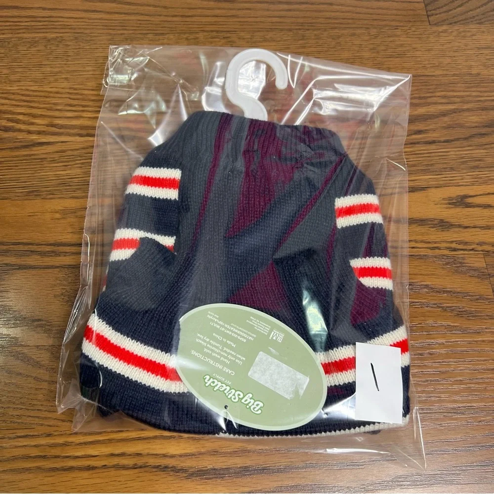 Beanie & matching dog sweater in a navy, red, and white striped pattern, small